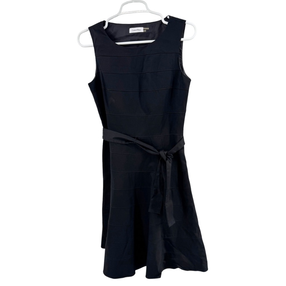 Calvin Klein Black knee length sleeveless tie waist tiered Dress event holiday 6